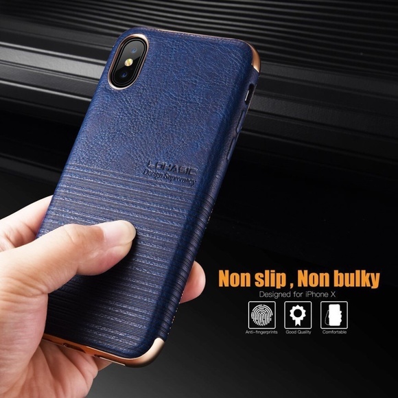 iPhone X Case Slim Flexible Armor Textured Grip PU Leather Hybrid Defender Blue - Picture 4 of 6